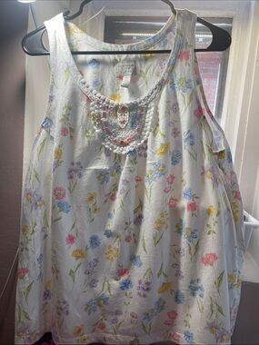 Charter Club White Floral Tank with Crochet Bib
